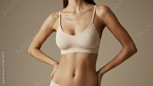 Slim woman modeling beige underwear showcasing natural body confidence and elegance