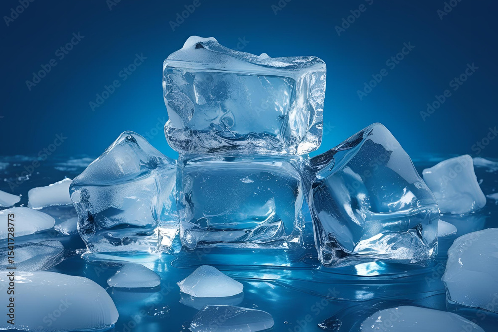 Obraz premium Close-up of Melting Ice Cubes on a Wet Surface with a Blue Background