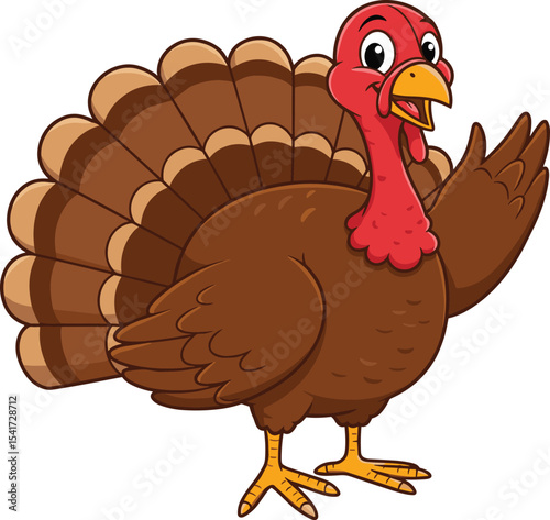 Friendly Cartoon Turkey Waving Hello, Brown Farm Bird with Red Head, Cheerful Thanksgiving and Autumn Celebration Mascot, Isolated on White Background for Holiday Designs