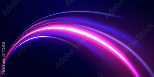 Light trail wave, fire path trace line, car lights, optic fiber and incandescence curve twirl. Abstract background in blue and purple neon glow colors. PNG.