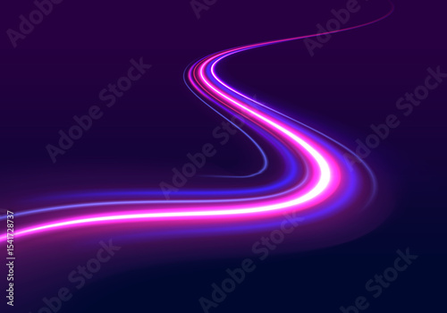 Light trail wave, fire path trace line, car lights, optic fiber and incandescence curve twirl. Abstract background in blue and purple neon glow colors. PNG.