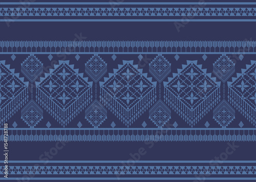Traditional Thai Geometric Pattern in Indigo Blue – Seamless Textile Border Design