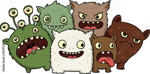 Funny cartoon monsters group illustration, cute colorful creatures with big eyes, silly expressions, fantasy characters for kids, isolated vector design, playful weird animals