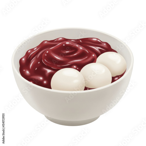 Delicate white mochi balls in a bowl of red sweet bean paste