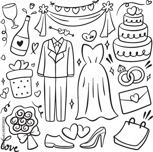 Fashion and Party Dress Doodle - Gown, Cake, Balloons, Celebration