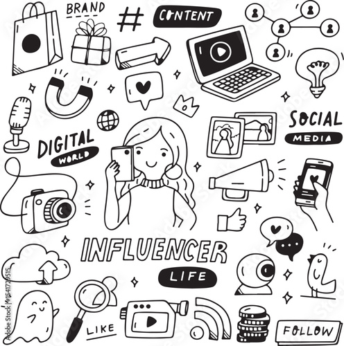 Social Media Doodle Icons, Digital Platform Sketch Pack, Chat Bubble, Notification Symbol, Hashtag, Online Connection Line Art