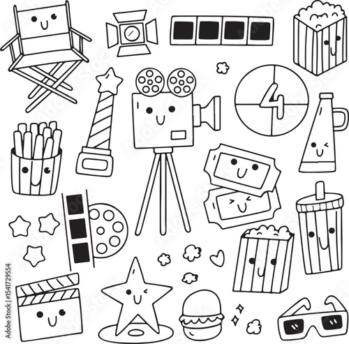Cinema Movie Doodle Icons, Popcorn Film Ticket Sketch, Director Chair Screen, Hand Drawn Entertainment Pack, Film Strip Camera