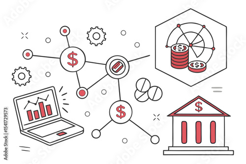 Financial Analysis and Investment Strategy Illustration with Interconnected Symbols Representing Banking, Data, and Economic Growth on a White Background