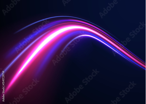 Racing cars dynamic flash effects city road with long exposure night ligh. Neon color glowing lines background, high-speed light trails effect electric light, light effect.