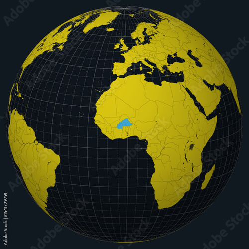 Burkina Faso on Globe. Country view on the world map in Charcoal Bright Yellow color palette. Burkina Faso shape on map. Globe with meridians, parallels, countries, rivers and lakes.