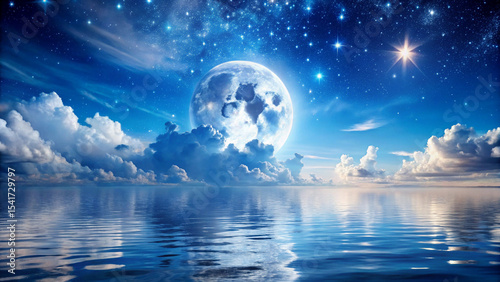 serene and romantic nighttime scene with a full moon illuminating clouds, a starry sky, and shimmering blue water
