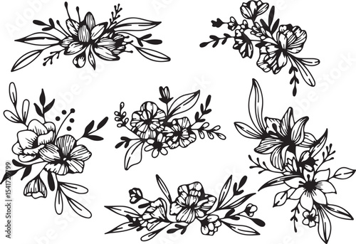 Floral Doodle Sketches, Hand Drawn Flower Decoration, Botanical Ornament Line Art, Leafy Branch Bloom Art, Elegant Black and White Set