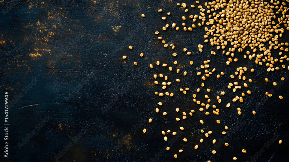 Obraz premium Einkorn grains, golden and slim, arranged in a scattered pattern on a dark, minimalist surface.