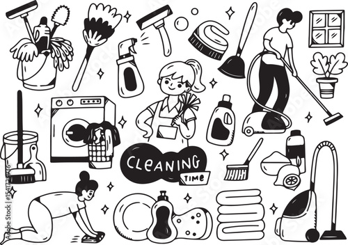 Cleaning Tools Doodle Icon Set, Housekeeping Line Art, Mop Broom Bucket Spray, Sanitary Sketch Pack, Hygiene Equipment Hand Drawn