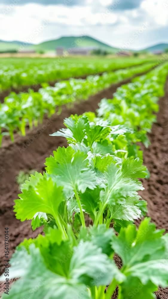 Fresh green cilantro plants growing in neatly arranged rows in a fertile farm field. Fresh green cilantro plants growing in neatly arranged rows in a fertile farm field.
