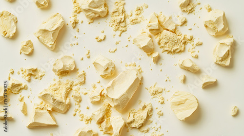 Scattered asafoetida chunks in pale yellow tones lying on a smooth, textureless white surface, their coarse texture distinct.