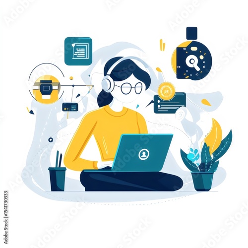 Freelancer Woman Working on Laptop with Digital Tools and Productivity Icons Illustration