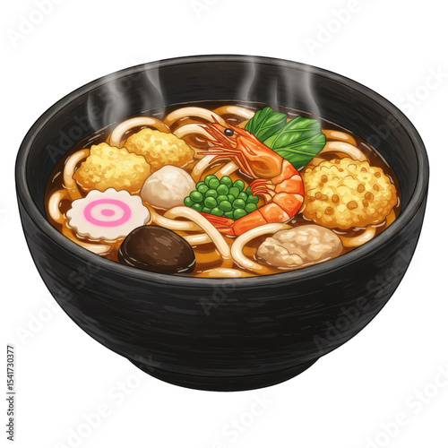 Steaming bowl of udon noodles with shrimp and colorful garnishes.