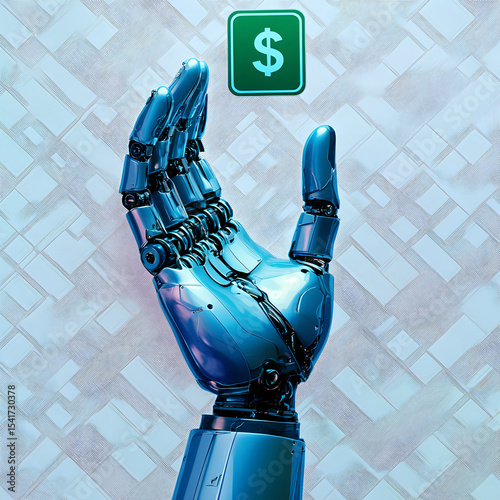 blue robot hand with a green dollar symbol above it 