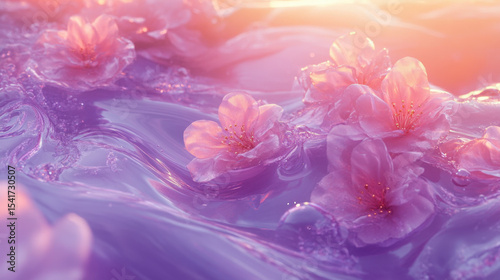 Pink and Purple Flowers Floating on Glowing Water Surface