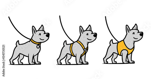 Dog on a leash, with different leashes. Contour illustration. Vector illustration, flat on a white background