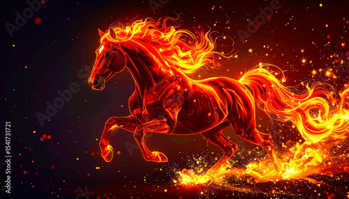 Image of a red fire horse galloping through the flames, symbol of the year 2026 according to the Eastern calendar. AI, Illustration, Generation, Generated image.