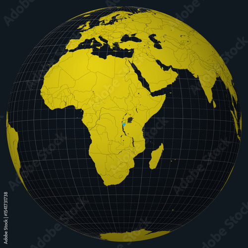 Republic of Burundi on a globe. Country view on the world map in a Charcoal Bright Yellow color palette. Burundi's shape on the map with meridians, parallels, countries, rivers, and lakes.