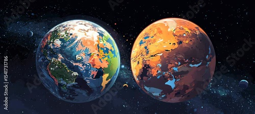 Earth and Mars planet rotation. Space astronomy science education. Generative video AI technology.