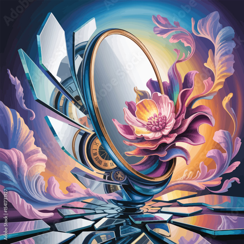 Surreal Oval Mirror Shattered Clockwork Flower digital art
