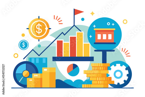 Colorful Business Growth Illustration with Data Analysis and Financial Success Elements Representing Progress and Achievement in a Dynamic Business Environment
