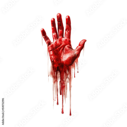 Bloody handprint, dripping red paint, horror aesthetic, high contrast, macabre art, Halloween imagery, crimson splatter