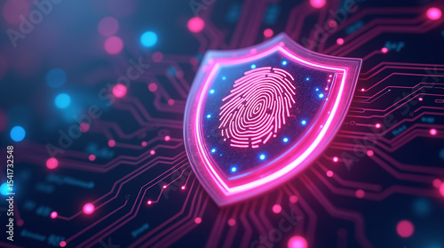 cyber security shield with neon glow, holographic circuit board background, vibrant pink and blue colors, 3D futuristic interface, secure digital fingerprint inside the shield