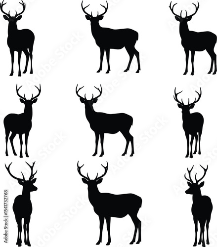 Silhouette of wild deer with antlers, majestic buck standing, white background, animal profile, hunting theme, forest wildlife vector, elk illustration, woodland creature, nature icon