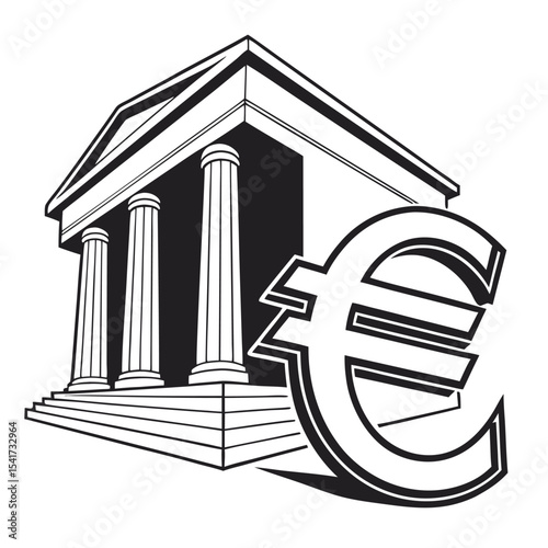 Bank Facade with Euro Symbol Represents Financial Institutions and Monetary Systems Black and White Stylized Vector Artwork