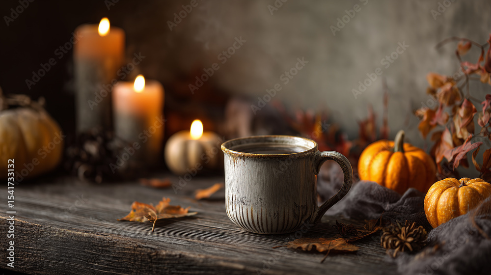 Obraz premium キャンドルの灯りに映える陶器マグの静かな夜カフェ | 神秘的な雰囲気