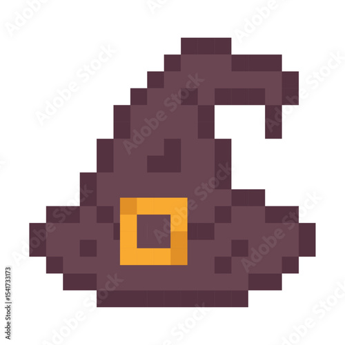 Pixel witch hat icon for Halloween. Magic wizard cap sprite. Retro pixelated witchcraft symbol