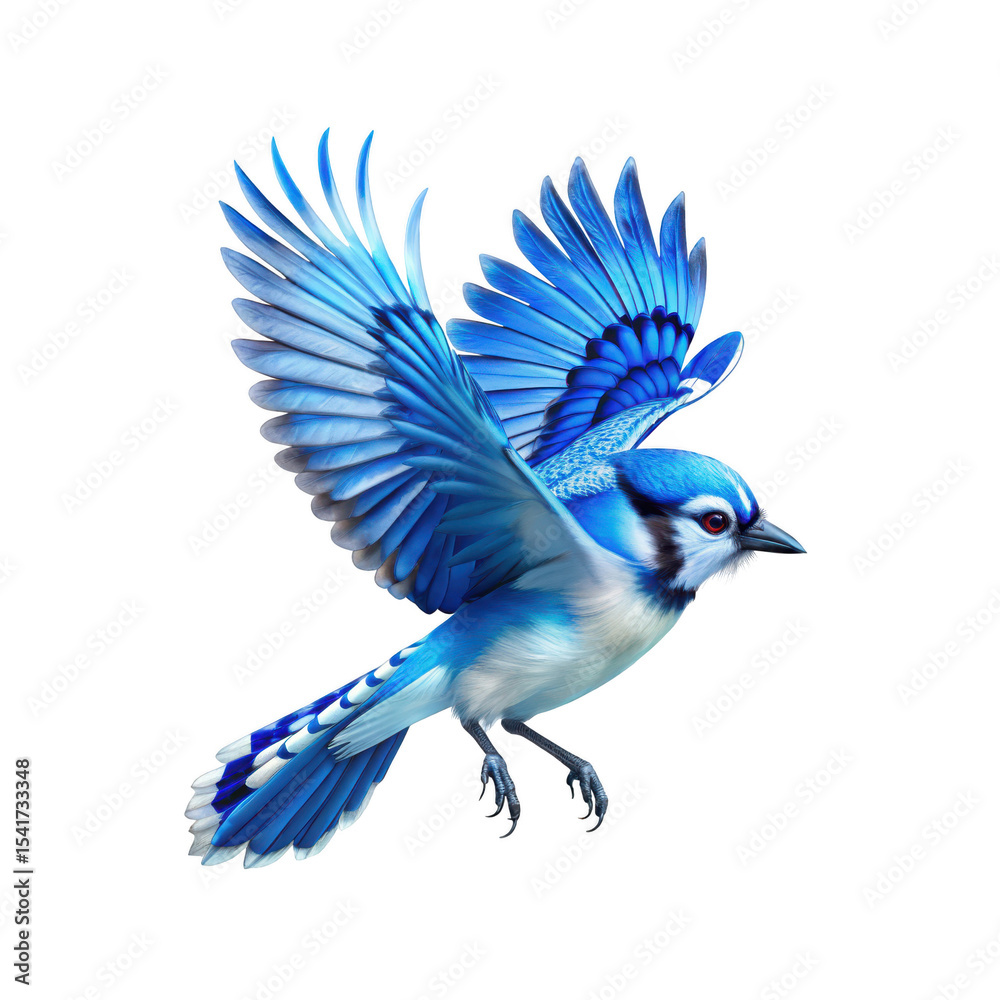 Obraz premium Blue jay in flight, vibrant blue feathers, spread wings, detailed plumage, photorealistic, high-resolution
