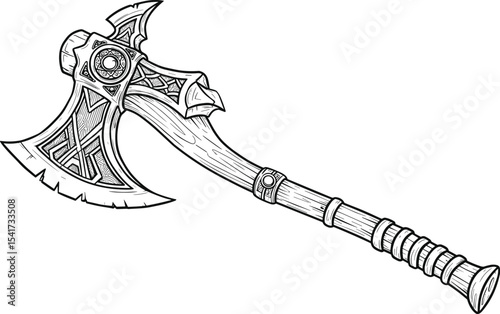 Fantasy battle axe illustration, detailed medieval weapon design, ancient war axe art, hand-drawn barbarian blade for games, books, comics, digital art, history content