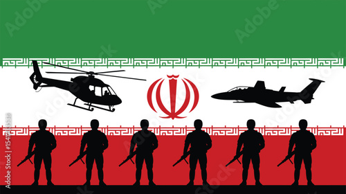 iranian military power concept with national flag, helicopter, fighter jet, and armed soldiers silhouettes symbolizing defense strength