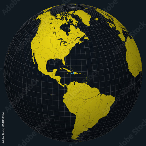 Republic of Haiti on Globe. Country view on the world map in Charcoal Bright Yellow color palette. Haiti shape on map. Globe with meridians, parallels, countries, rivers and lakes.