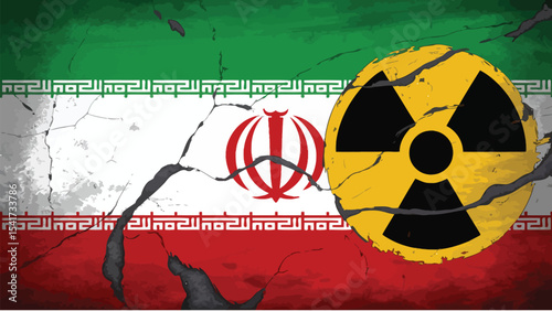 iranian flag with nuclear radiation symbol overlay, representing nuclear tensions, international conflict, and geopolitical instability