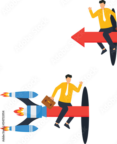 Businessman Riding Rocket & Arrow, rapid business growth, success vector graphic, presentations, innovation, achieving goals, showcasing startup success, rapid expansion, market leadership,