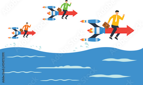 Businessmen Riding Rockets Over Water, rapid business growth, competition, market leadership, vector illustration. presentations, marketing materials,competitive landscape,overcoming challenges, achie