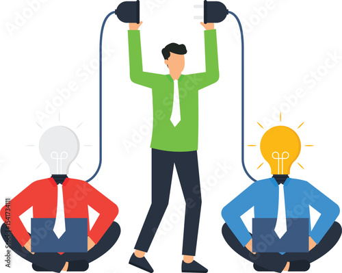 Connecting Ideas depicts a businessman, connecting two individuals, lightbulb heads, idea sharing, innovation, teamwork, brainstorming, problem-solving, creative synergy, collaborative culture,