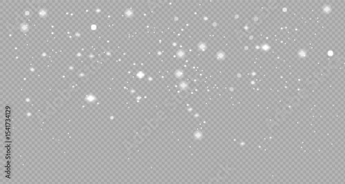 Christmas sparkling snowflakes in the air on transparent background.Snow overlay effects.Snow background.Heavy snowfall with frost particles.Winter atmosphere. Vector overlay for holiday, banners