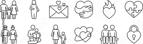 Family and Relationship Outline Icon Pack – Featuring Parenthood, Love, Support, and Emotional Bond Symbols. Editable Stroke Icons.