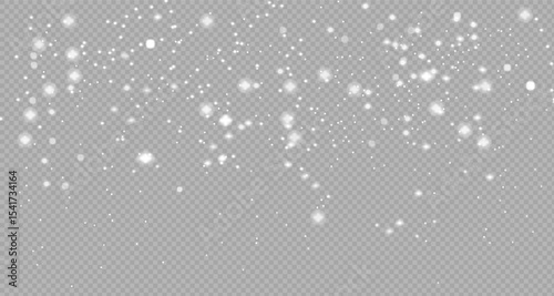 Christmas sparkling snowflakes in the air on transparent background.Snow overlay effects.Snow background.Heavy snowfall with frost particles.Winter atmosphere. Vector overlay for holiday, banners