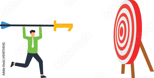 Businessman Aiming for Success, determined businessman, carrying a giant arrow, striving hit target, Ideal presentations, achievement, ambition, and strategic planning, concepts of target marketing,