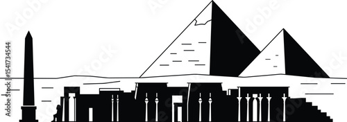 Ancient Egyptian pyramid illustration, black silhouette desert scene, Giza landmarks vector, obelisk and temple complex, historical tourism concept, Egypt heritage design, cultural landmark icon art