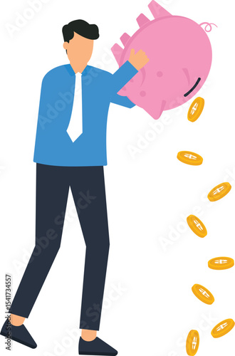 Businessman Spilling Coins from Piggy Bank, businessman accidentally knocking, piggy bank, causing coins to spill, investment risk, economic downturn, budgeting issues,unexpected expenses,